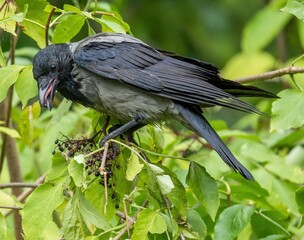 crow bird eats elderberry from tree