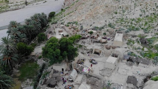 Aerial shot of mud houses near a river at Khuzdar Balochistan