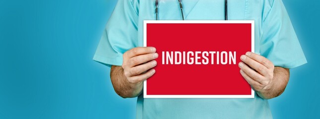 Indigestion. Doctor shows red sign with medical word on it. Blue background.