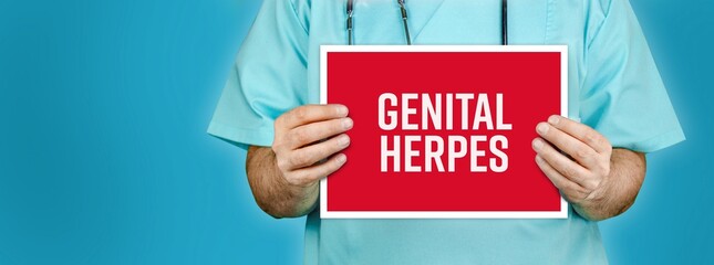 Genital herpes (herpes simplex virus). Doctor shows red sign with medical word on it. Blue...