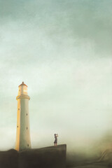 woman with spyglass observes the sea from the coast near far, future concept