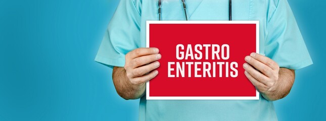 Gastroenteritis. Doctor shows red sign with medical word on it. Blue background.
