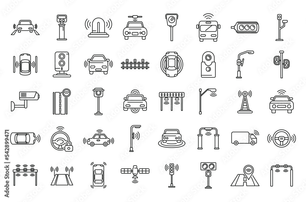 Poster road sensors icons set outline vector. safety traffic. system control