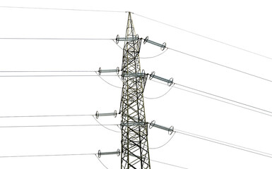 Photography of a High voltage tower, power line with electric cables and insulators. Isolated on...