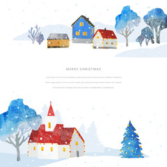 Watercolor Christmas vector template. Church, cozy house, Christmas tree, mountains and and place for text. Template frame for invitation, banner, poster, gift card