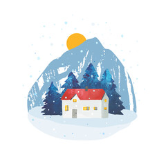 Watercolor winter vector rural landscape. Mountain, cozy house and snow. Travel concept. Hand drawn illustration for postcard, banner, poster, print