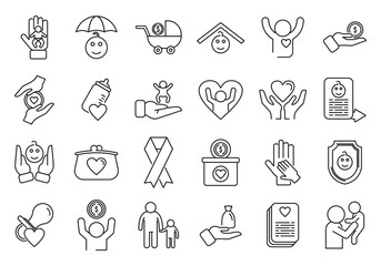 Child support icons set outline vector. Childcare protect. Happy parent