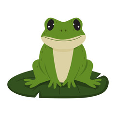 Green cartoon frog sitting on a green water Lily leaf isolated on white background. Flat vector illustration