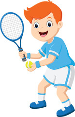 Fototapeta na wymiar Cartoon Cute kids boy playing tennis