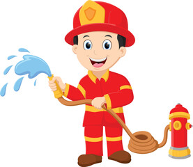 Cartoon Firefighter pours from a fire hose