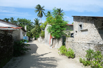 The resident area of rasdhoo with the local village houses. Rasdhoo is an inhabited island of the Maldives.