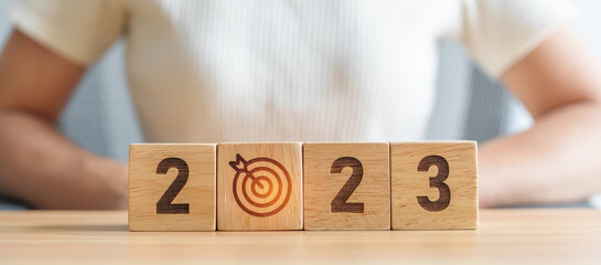 2023 block with dartboard icon. Goal, Target, Resolution, strategy, plan, Action, mission,...