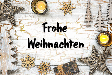 White Background, German Text Frohe Weihnachten Mean Merry Christmas, Snowflakes