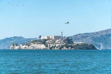 San Francisco, CA, USA - September 3, 2022: Alcatraz Island seen from Pier 39