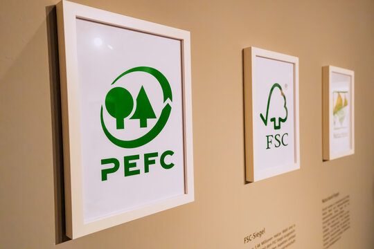 26 July 2022, Munster, Germany: Logos of non-profit organizations PEFC and FSC dealing with the problems of deforestation and sustainable forest management
