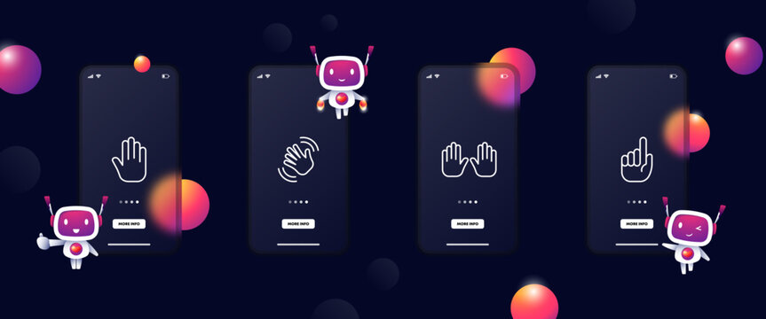 Hand gestures set icon. Index finger, fist, cool, deafmute, respect, salute, thumb up, waving, down. Gestures for the deaf concept. Glassmorphism. UI phone app screens