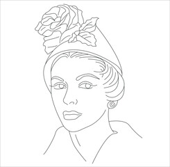 Line portrait of a woman. Vector silhouette. Lady in Hat