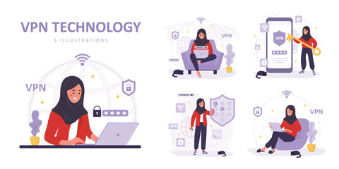 VPN technology collection. Islamic women using virtual private network. Password security. Privacy data protection. Modern software for remote servers. Set of vector illustrations in cartoon style.