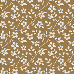 Seamless pattern with beautiful vintage Sakura and decorative branch silhouette. Wallpaper with white flower in old antique style on background. Vector stock illustration © Gizele