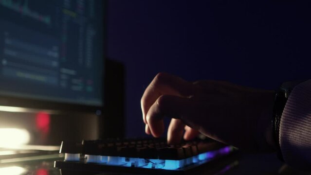 financier works in an online trading terminal, cryptocurrency exchanges and securities exchanges. The investor works late in international markets, a dark cabinet, an image with a small depth of focus