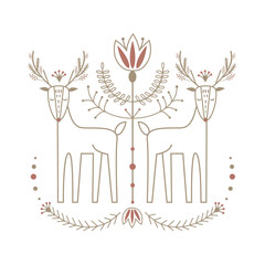 Christmas greeting card and invitation isolated on background. Vector with scandinavian ornaments and deers hand drawn designs. Vector elements for Xmas