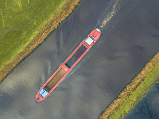 Moving Inland freight ship Aerial view