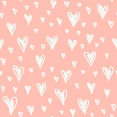 Valentines day,Mothers Day hand drawn doodle seamless pattern white on rose.Marker drawn different heart shapes silhouettes.Sweet love texture for postcards,wrapping paper,textiles,decorative prints