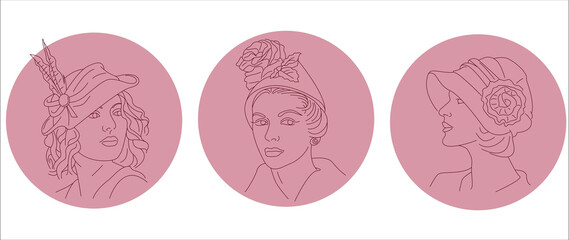 Line portrait of a woman. Vector silhouette. Lady in Hat set
