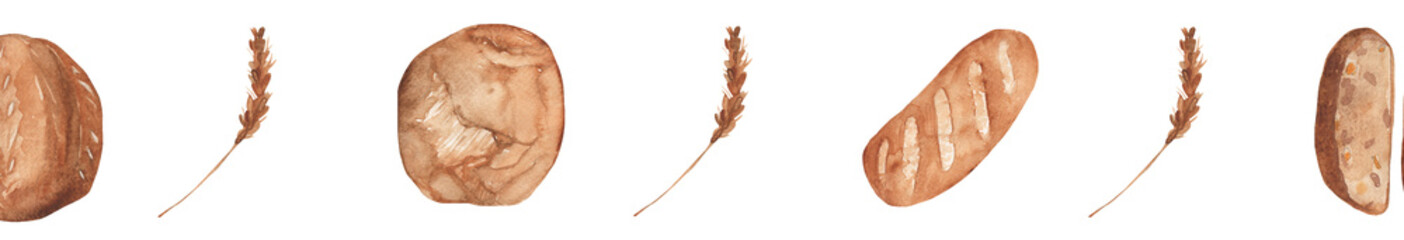 Watercolor pattern with wheat ears border. Hand-drawn illustration isolated on white background.