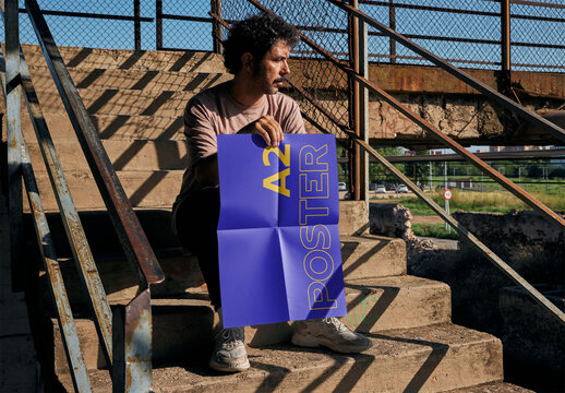 Adult Man Holding a A2 Potser Mockup Outdoors