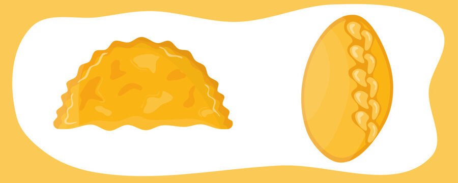 Vector Cheburek. Meat cheburek and bun. Juicy pastry. Vector illustration of street food.