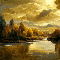 Fototapeta na wymiar Golden autumn sunset landscape, premium quality nature digital art