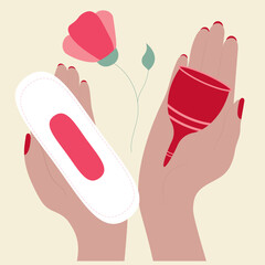 Hands with a menstrual cup and pad. Choice between a menstrual cup and a pad.Menstruation concept. Flat vector.	
