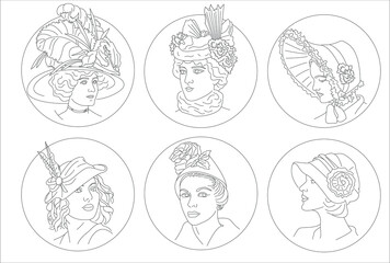 Line portrait of a woman. Vector silhouette. Lady in Hat set