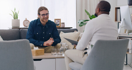 Black man, talking psychologist and patient on mental health support sofa, anxiety consulting or...