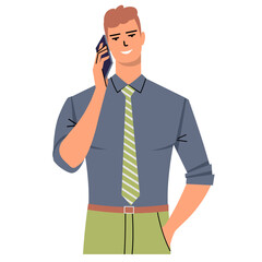 Young confident businessman in a tie and shirt is speaking  on smartphone. Business man talking on mobile phone isolated on white background. Flat vector illustration.