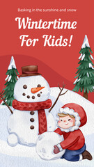 Instgram story template with children enjoy winter concept, watercolor style
