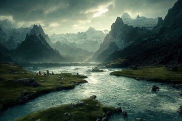 Beautiful natural landscape with high mountains and river. 