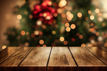 Empty wooden table. Against the background of a blurred Christmas cozy window with bokeh. Blurred background. New Year mood