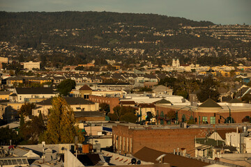 Late afternoon sun shines on the historic bay area city of downtown Alameda, California, USA.
