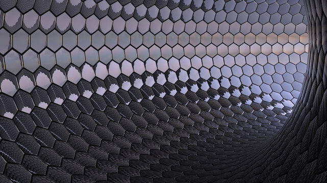 3D render - geometric background in the form of a tunnel of black hexagons