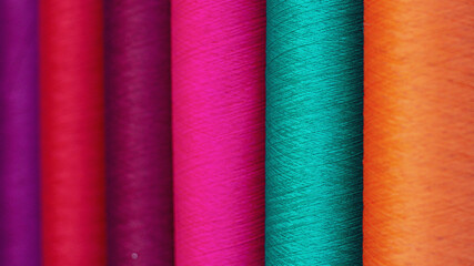Spools of colored polyester yarn thread isolated. Textile concept. Selective focus.