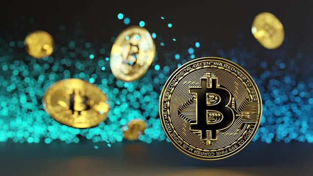 Cryptocurrency golden bitcoin coins with neon lights. Symbol of crypto currency - electronic virtual money for web banking and international network payment. Business, finance, technology. 3D render.