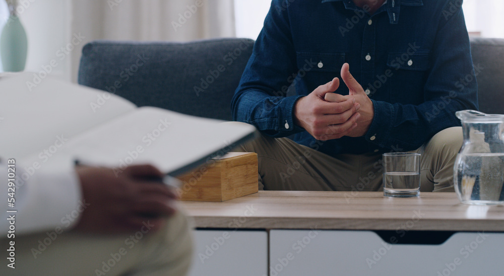 Canvas Prints Patient, mental health and consulting psychologist, therapy and healthcare, counseling and support for depression, anxiety and stress in medical office. Depressed man talking to psychology therapist