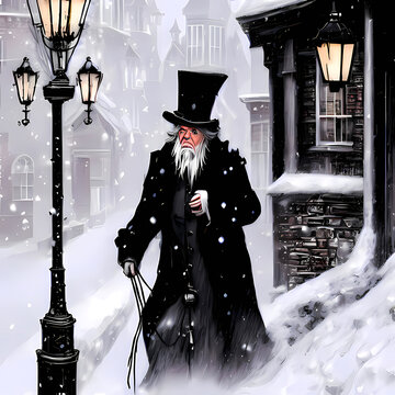 Miserly Ebenezer Scrooge Snowy Victorian Street