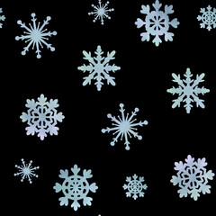 Fototapeta na wymiar Watercolor snow seamless pattern. Hand drawn textured gradient blue snowflakes on black background. Beautiful classic snowflakes endless background.