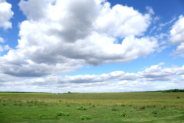 Fototapeta na wymiar Picturesque view of beautiful fluffy clouds in light blue sky above field