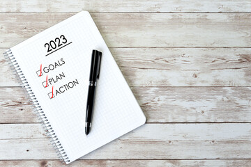 Notebook with a to-do list for the year 2023 - concept, goals and action plan, new year
