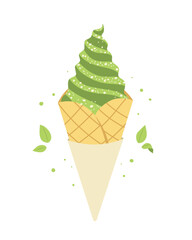 Matcha soft serve cone isolated on white background. Green tea ice-cream. Sweet dessert. Flat vector illustration.