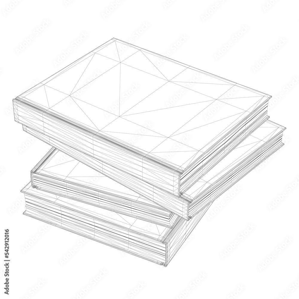 Poster wireframe of stack of four books from black lines isolated on white background. isometric view. 3d. 